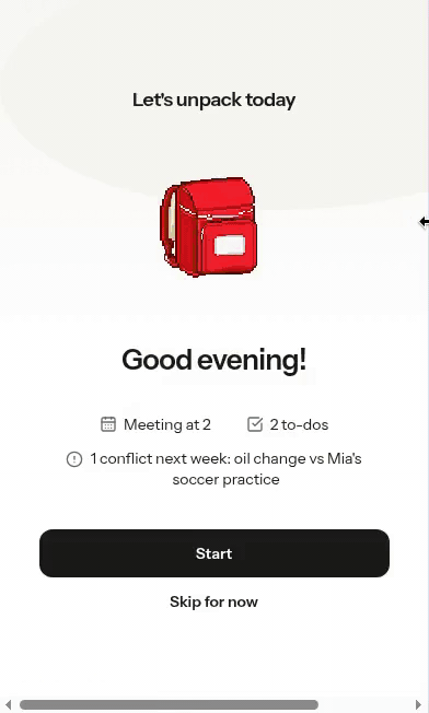 Backpack on iPhone — morning brief, inbox review, and synced planner views